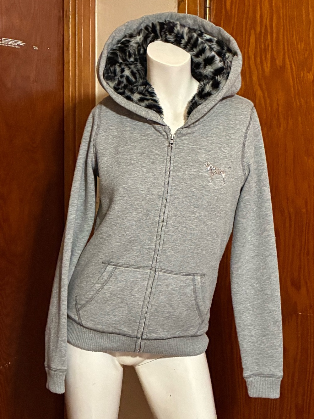 VS PINK Grey w/ Silver Sequin Logo & Leopard Print Faux Fur Lining Zip Up Hoodie - Picture 4 of 6
